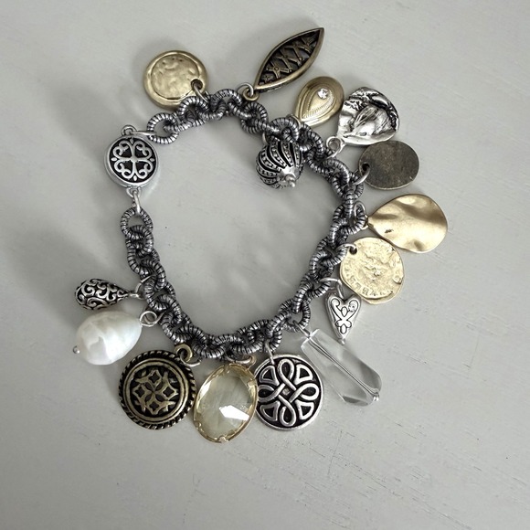Chicos Multi-tone Silver Charm Bracelet With FW Pearl Viking Scandi Celtic Theme - Picture 1 of 7